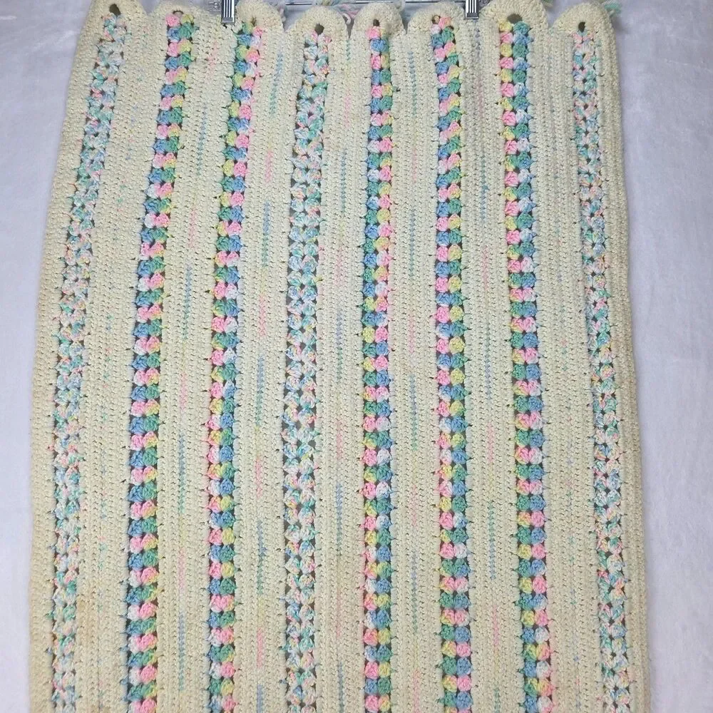 Vintage Handmade Crochet Afghan Blanket 45x25 Pastel Striped‎ Granny Pattern